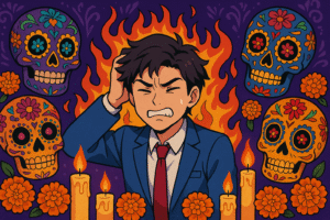 Anime-inspired Día de los Muertos illustration of a frustrated business leader surrounded by marigolds, candles, and colorful skulls, symbolizing leadership misalignment.