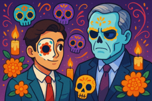 Anime-inspired Día de los Muertos illustration of two professionals in suits, one warm and smiling with marigolds, the other stern with a skeletal face, surrounded by candles and decorated skulls.