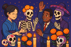 Anime-inspired Día de los Muertos illustration of a multicultural group of professionals interacting, surrounded by marigolds, candles, and decorated skulls.