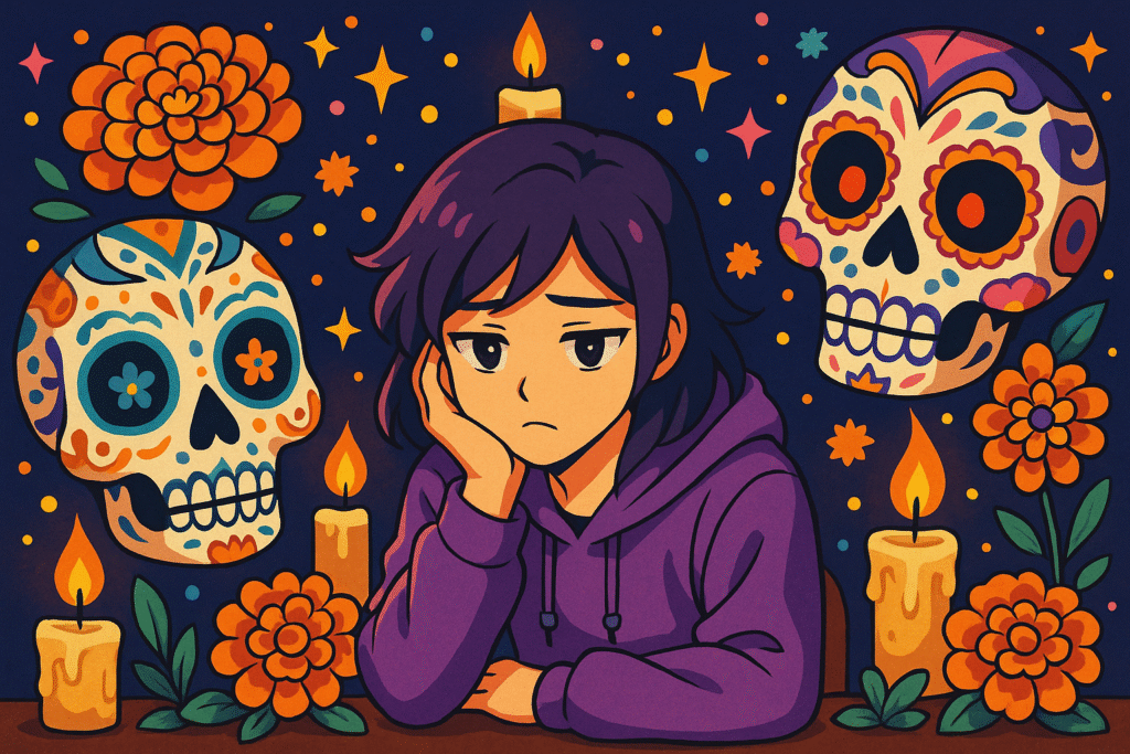 Anime-inspired Día de los Muertos illustration of a young person sitting pensively, surrounded by marigolds, candles, and decorated sugar skulls.