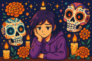 Anime-inspired Día de los Muertos illustration of a young person sitting pensively, surrounded by marigolds, candles, and decorated sugar skulls.