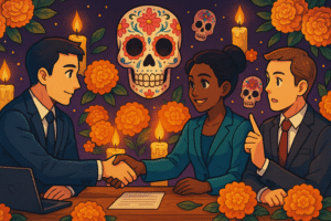 Anime-inspired Día de los Muertos illustration of professionals at a table shaking hands, surrounded by marigolds, candles, and sugar skulls, symbolizing unity across groups.