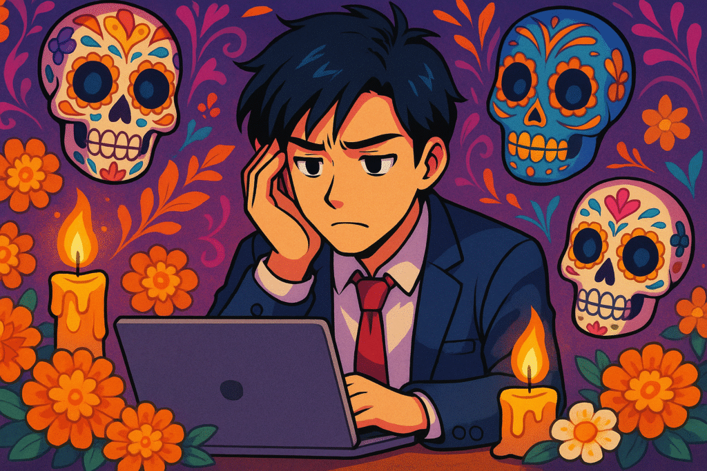 Anime-inspired Día de los Muertos illustration of a young professional at a laptop, looking thoughtful, surrounded by marigolds, candles, and colorful sugar skulls.
