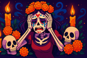 Anime-style Día de los Muertos skeleton figure holding her head in anguish, surrounded by marigolds, candles, and skulls.