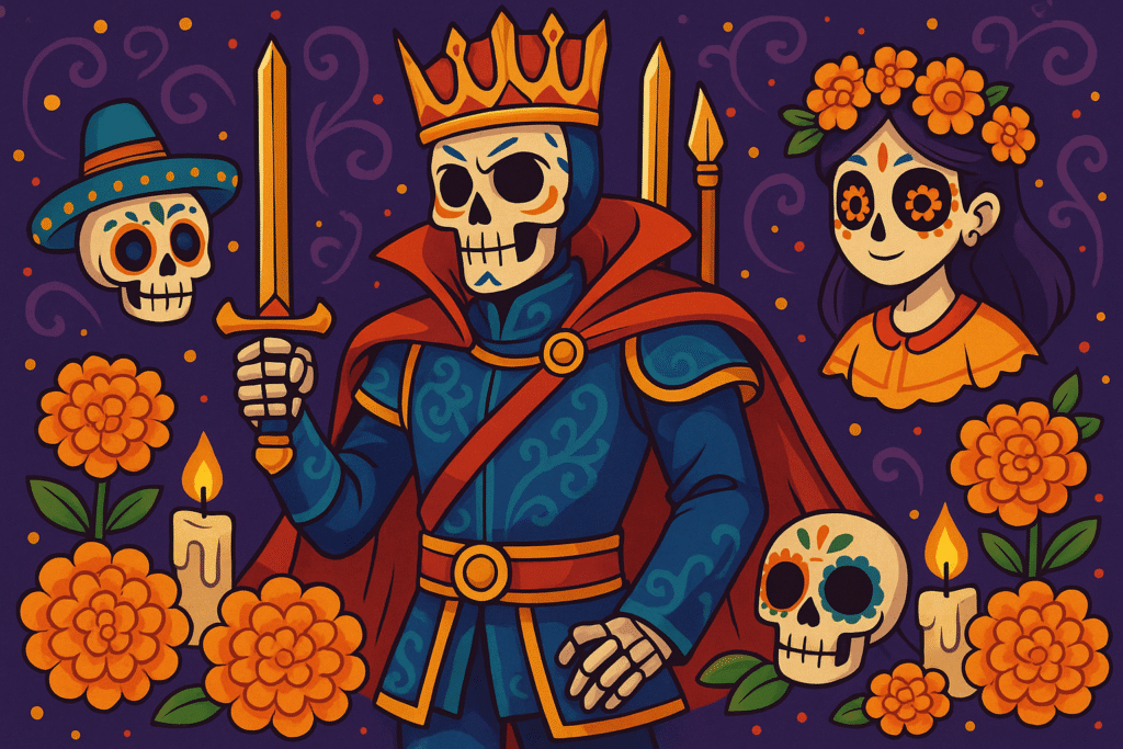 Anime-inspired Día de los Muertos illustration of a crowned skeletal leader holding a sword, surrounded by marigolds, candles, and decorated skulls, symbolizing traditional heroic myths in leadership.