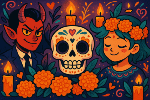 Anime-style Día de los Muertos illustration featuring a central sugar skull, flanked by a devilish figure on one side and a serene figure with marigold crown on the other, surrounded by candles and flowers.