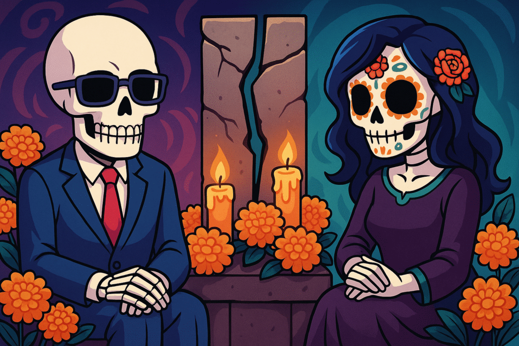 A Día de los Muertos-inspired skull face split into two halves: one side a festive woman with marigolds and veil, the other a man in a suit and hat with sunglasses, surrounded by flowers and candles.