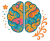 Stylized brain logo with colorful Alebrije-inspired patterns and papel picado flourishes, representing organizational psychology and personal growth.