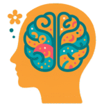 Colorful icon of a human head profile with a patterned brain symbolizing organizational psychology.